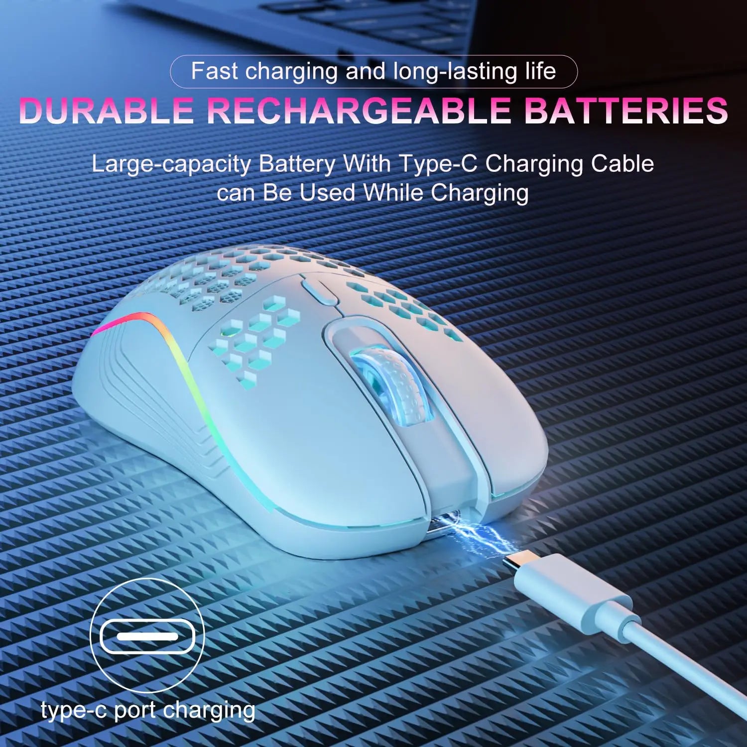 2.4G Wireless RGB Backlit Gaming Mouse with 6 Buttons, 3-Speed DPI, Type-C Rechargeable, Ergonomic Honeycomb Design
