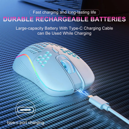 2.4G Wireless RGB Backlit Gaming Mouse with 6 Buttons, 3-Speed DPI, Type-C Rechargeable, Ergonomic Honeycomb Design