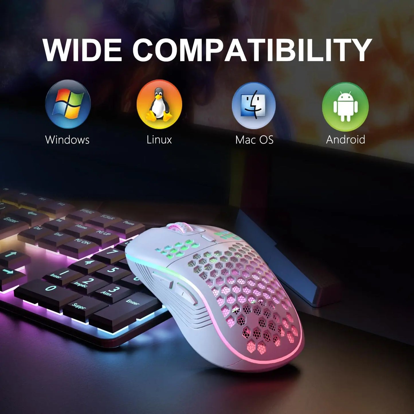 2.4G Wireless RGB Backlit Gaming Mouse with 6 Buttons, 3-Speed DPI, Type-C Rechargeable, Ergonomic Honeycomb Design
