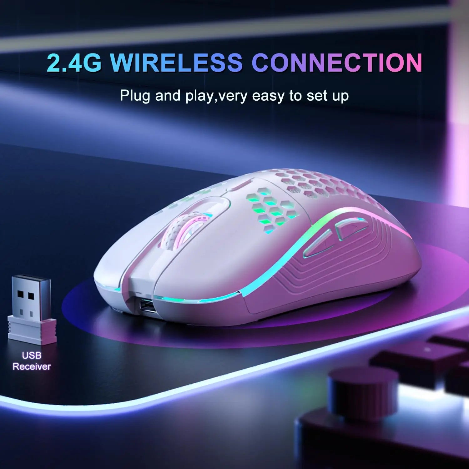 2.4G Wireless RGB Backlit Gaming Mouse with 6 Buttons, 3-Speed DPI, Type-C Rechargeable, Ergonomic Honeycomb Design
